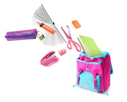 School backpack with flying stationery on white background