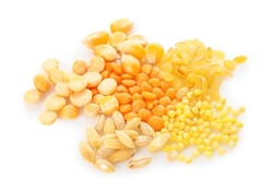 Heap of different cereals and legumes on white background