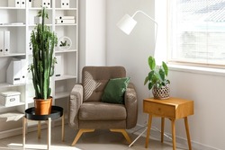 Interior of light room with armchair and green cactus