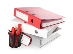 Office folders and stationery on white background