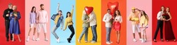 Beautiful couples on color background. Valentines Day celebration