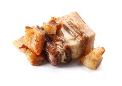 Tasty cracklings and bacon on white background