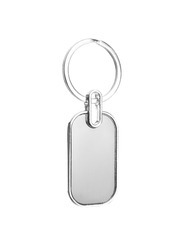 Stylish steel keychain on white background