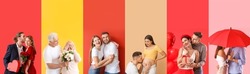 Collage of different happy couples on color background with space for text. Valentine's Day celebration