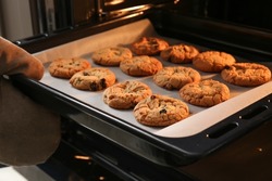 Baking tray with tasty homemade cookies taking out from oven