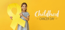Awareness banner for International Childhood Cancer Day with little girl holding golden ribbon