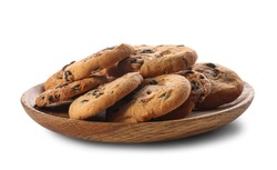 Tasty homemade cookies with chocolate chips in plate on white background