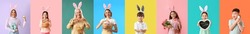 Group of people with Easter eggs on color background