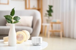Wireless portable speaker, headphones and vase with plant branch on table in room