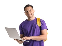 Male student using laptop on white background