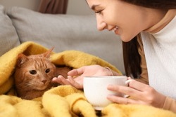 Woman with cute ginger cat and cup of hot tea at home on autumn day