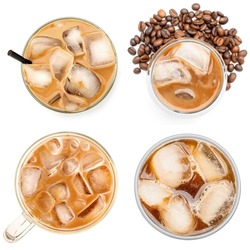 Set of tasty cold coffee isolated on white, top view