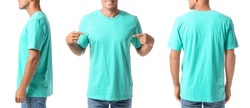 Set of young man in turquoise t-shirt on white background. Mockup for design