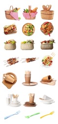 Set of items for picnic on white background