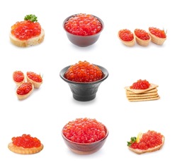 Set of delicious red caviar on white background