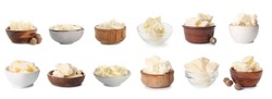 Set of bowls with shea butter isolated on white  