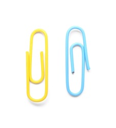 Yellow and blue paper clips on white background