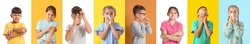 Set of different children suffering from allergic reactions on color background