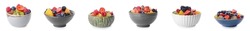 Set of bowls with tasty fruit salads on white background