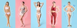 Set of beautiful young women after weight loss on colorful background