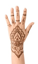Female hand with beautiful henna tattoo on white background, closeup