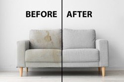 Sofa before and after dry-cleaning in room
