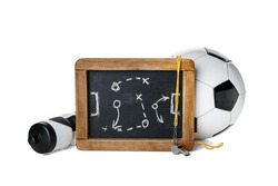 Chalkboard with drawn scheme of football game, ball and bottle of water on white background