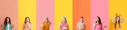 Set of women eating fast food on colorful background