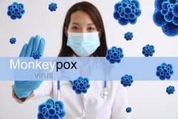 Female doctor showing stop gesture on white background. Monkeypox epidemic