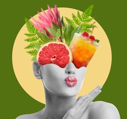 Creative collage with stylish young woman, cold cocktail and tropical plants on green background