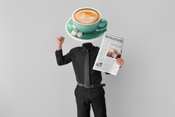 Happy businessman with cup of hot coffee instead of his head and newspaper on light background