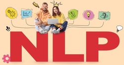Collage with young couple using laptop and word NLP on beige background