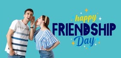 Gossiping young couple on blue background. Happy Friendship Day