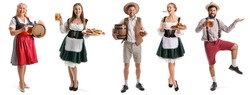 Set of people in traditional German costumes with beer and snacks on white background