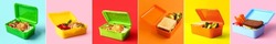 Set of lunch boxes with tasty food on color background