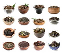 Bowls with different types of dry tea on white background