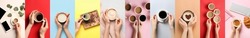 Collage with hands and many cups of hot coffee on color background, top view