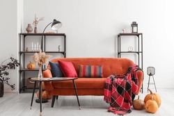 Autumn interior of living room with red sofa and shelving units