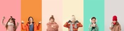 Group of cute little children in winter clothes on color background