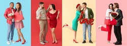Collage with happy young couples on color background. Valentine's Day celebration