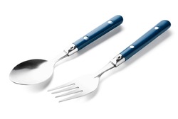 Stainless steel fork and spoon with blue handles on white background