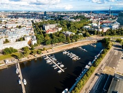 Aero drone view of Riga port and Adrejosta, showcasing the modernity and potential of the port facilities