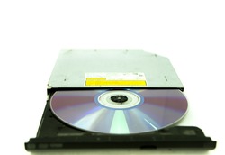CD Rom tray on white Background, External CD-RW,CD-RW burner drive DVD-R combo player