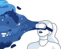 woman experiencing virtual reality using looking ocean. Metaverse digital cyber world technology vector background illustration