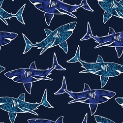 Seamless pattern of a hand drawn sharks background elements 