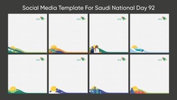 social media designs for Saudi National day 92 with Arabic text (It's our home) and (Saudi national day 92) flat illustrations.