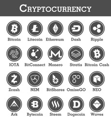 Set of cryptocurrency icon . Black and white design . Vector .