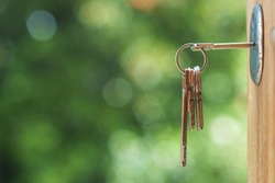 Key in door lock with blurry background, 