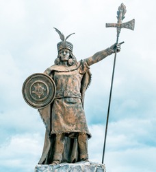 Statue of inca Atahualpa in the mall of the Incas Cajamarca Peru
