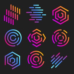 Isolated line art logos templates. Abstract linear logotypes. Colorful geometric icons collection. Outline innovate design elements. Vector simple futuristic signs set.